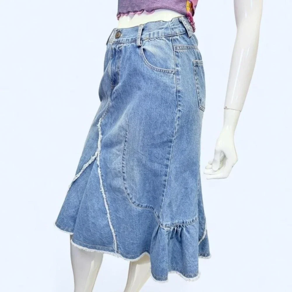 Y2K Denim Mermaid Skirt‎ Raw Hem Deconstructed Low Rise Womens XL